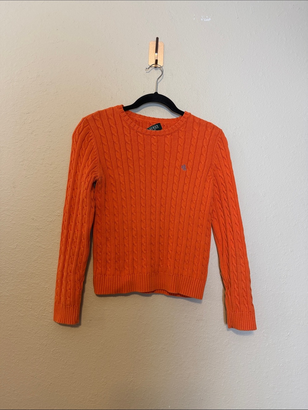 Vintage Ralph Lauren Cable Knit Sweater Orange Crew Neck Size Medium Petite